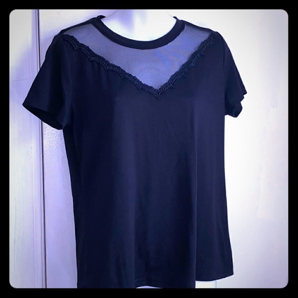 Black Mesh and Lace Yolk Tee-M